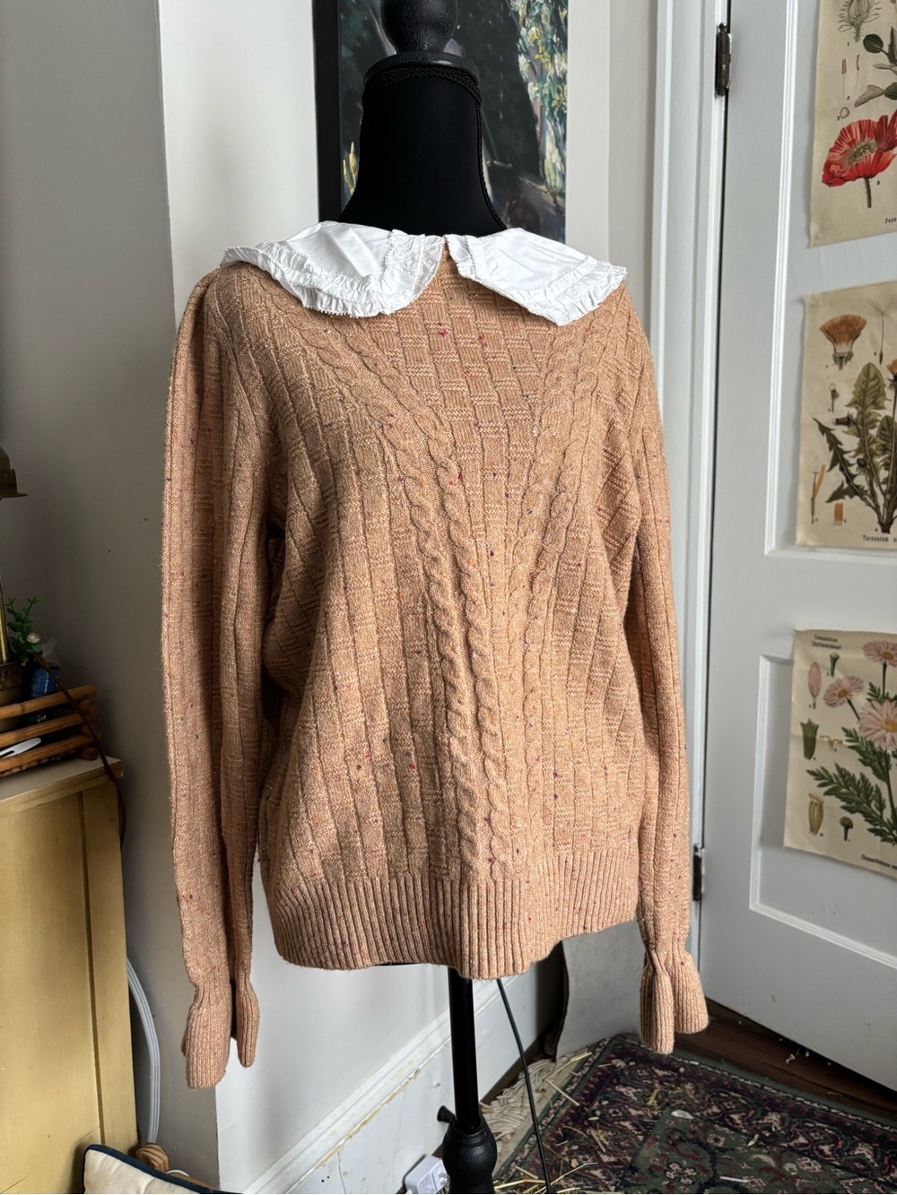 Charter Club Camel Cable Knit Sweater with White Peter Pan Collar